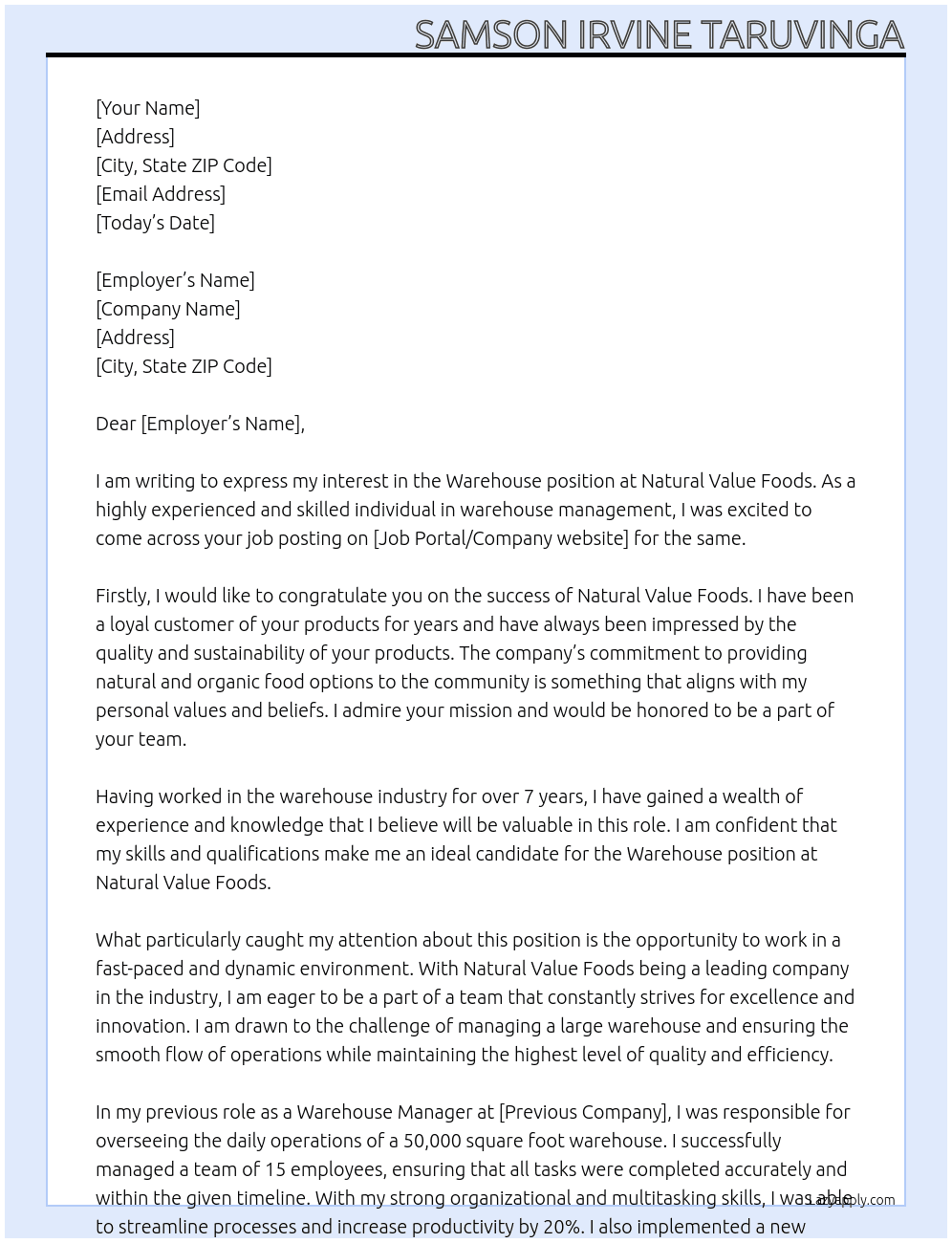 warehouse At Natural Value Foods Cover Letter