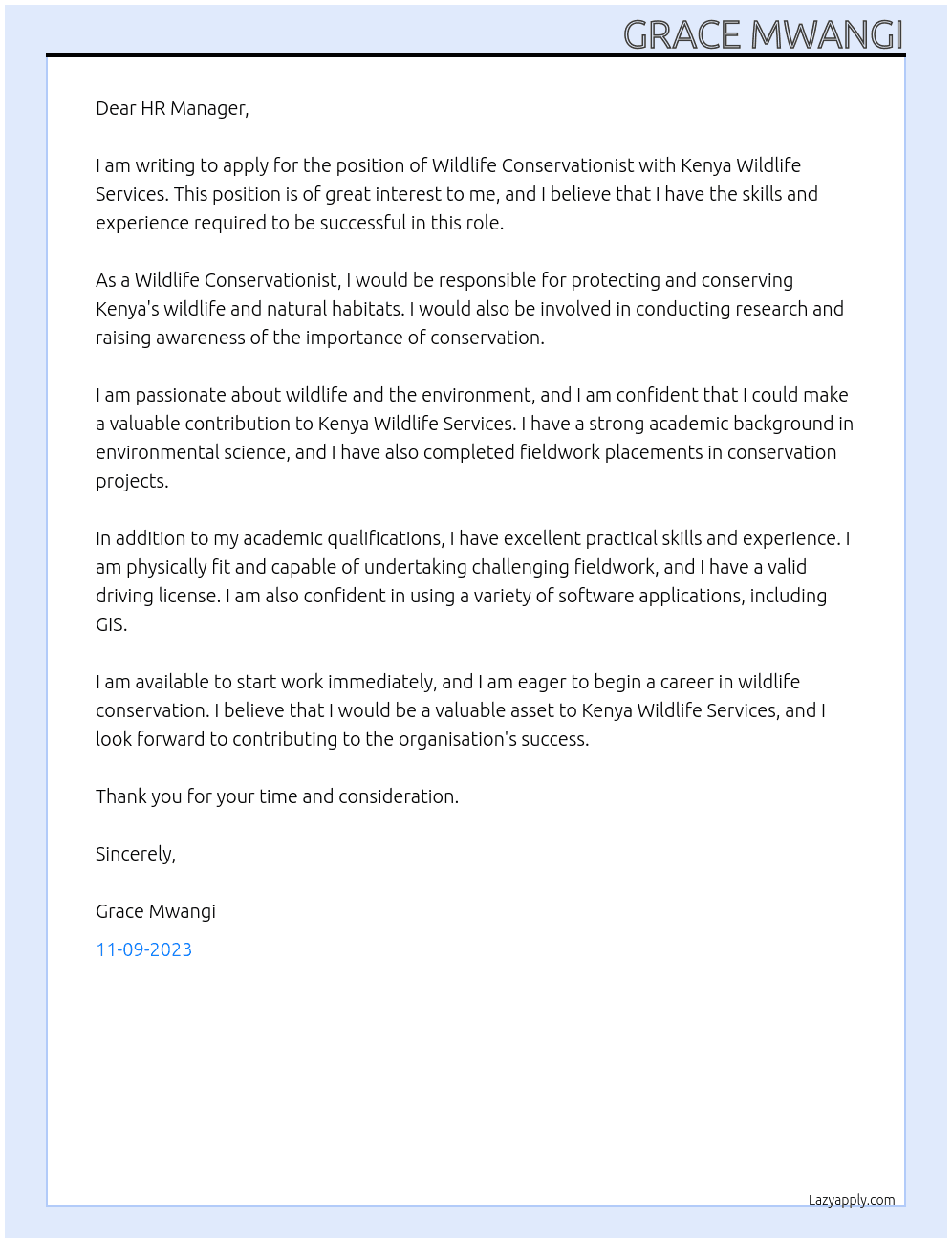 Wildlife conservationist At Kenya wildlife services Cover Letter