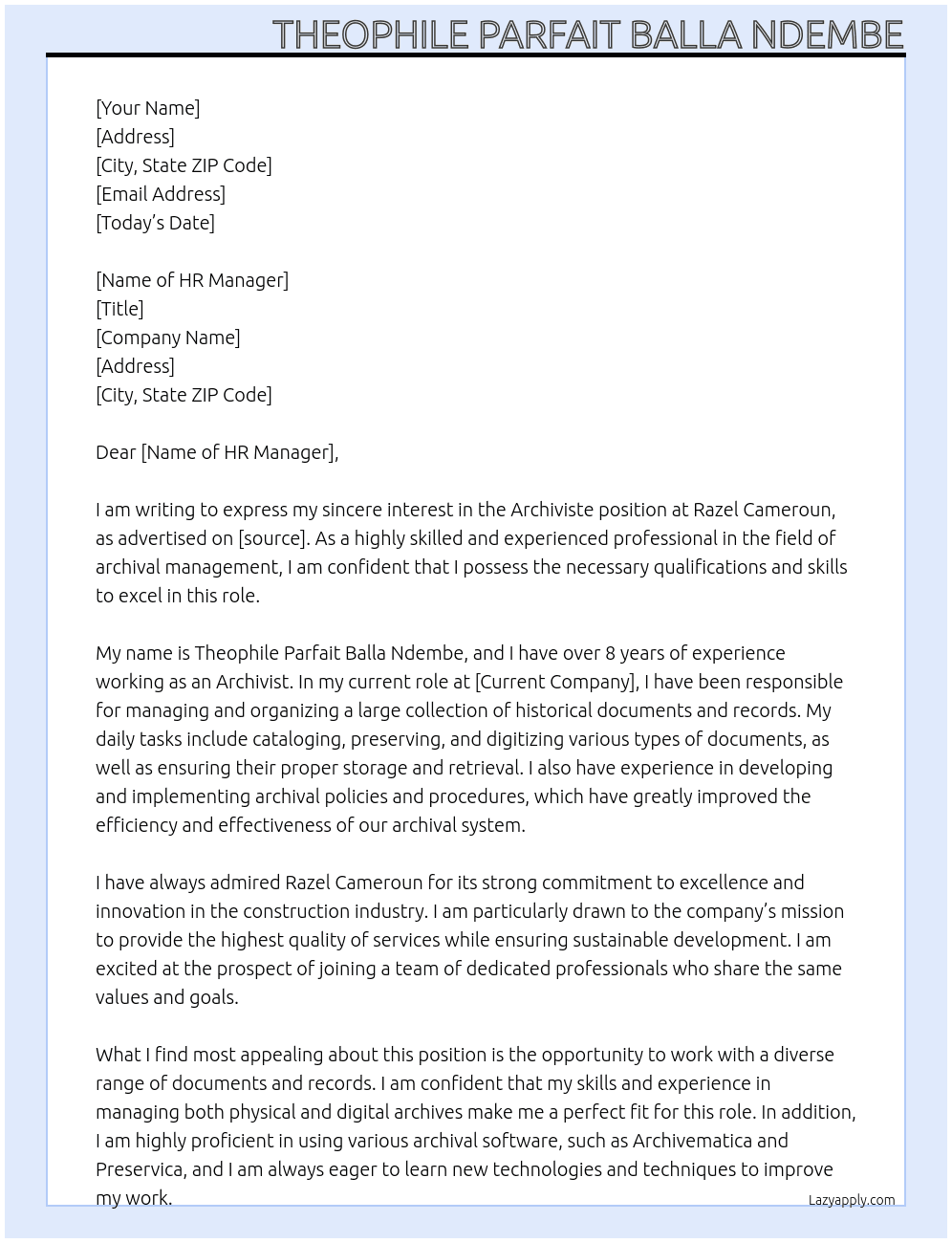 archiviste At razel cameroun Cover Letter