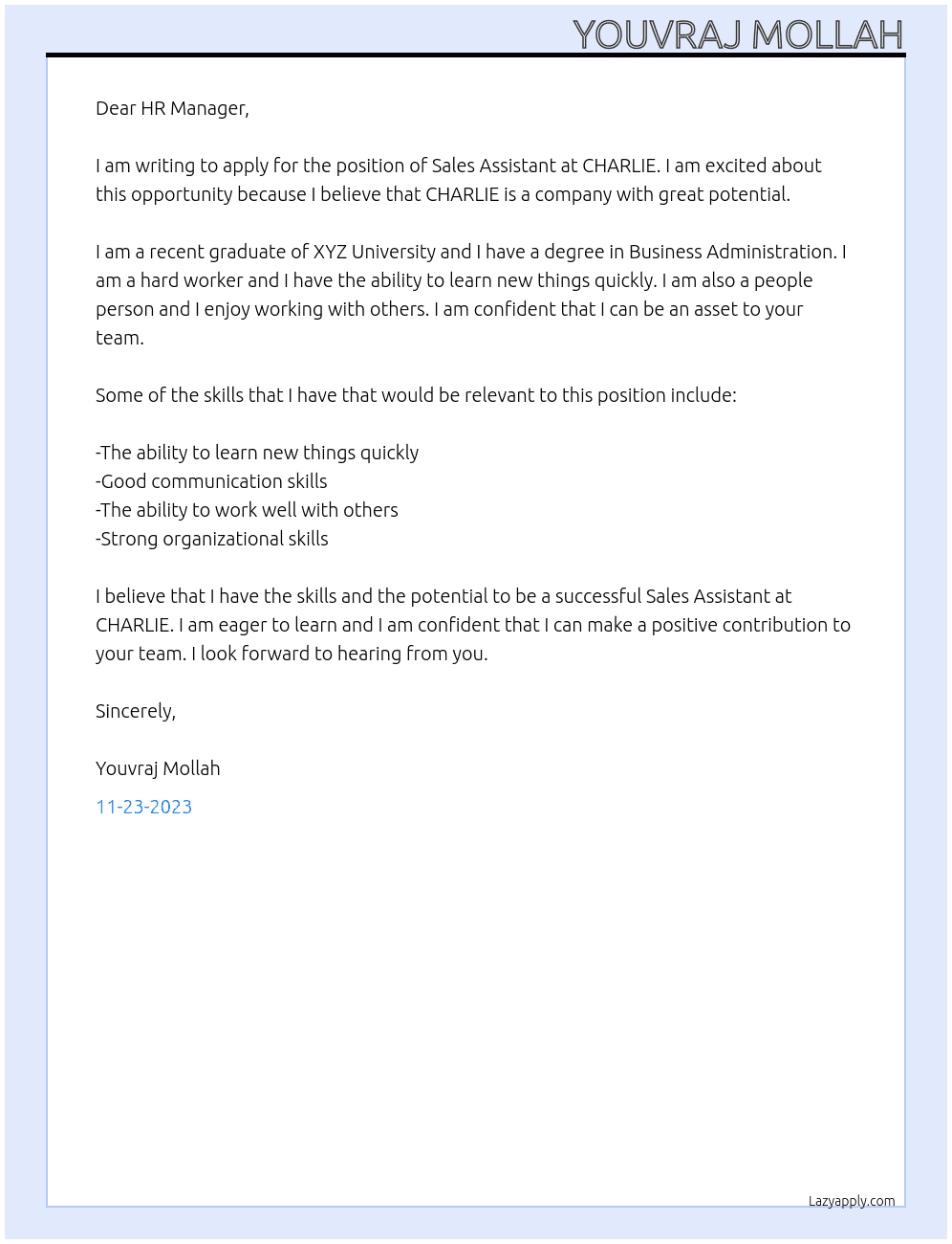 Sales Assistant At CHARLIE Cover Letter