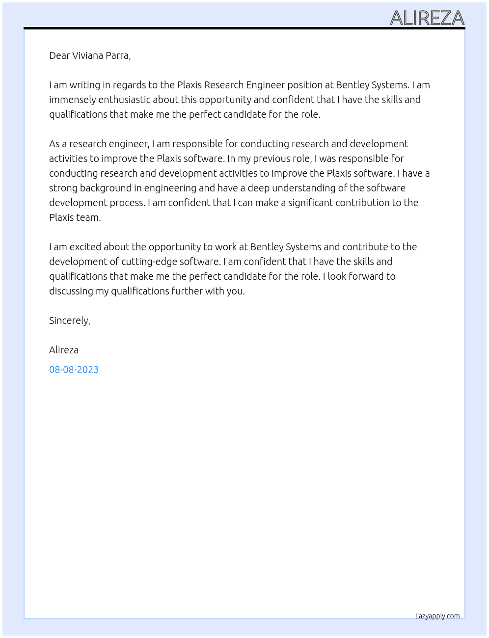 Plaxis Research Engineer At Bentley Systems  Cover Letter