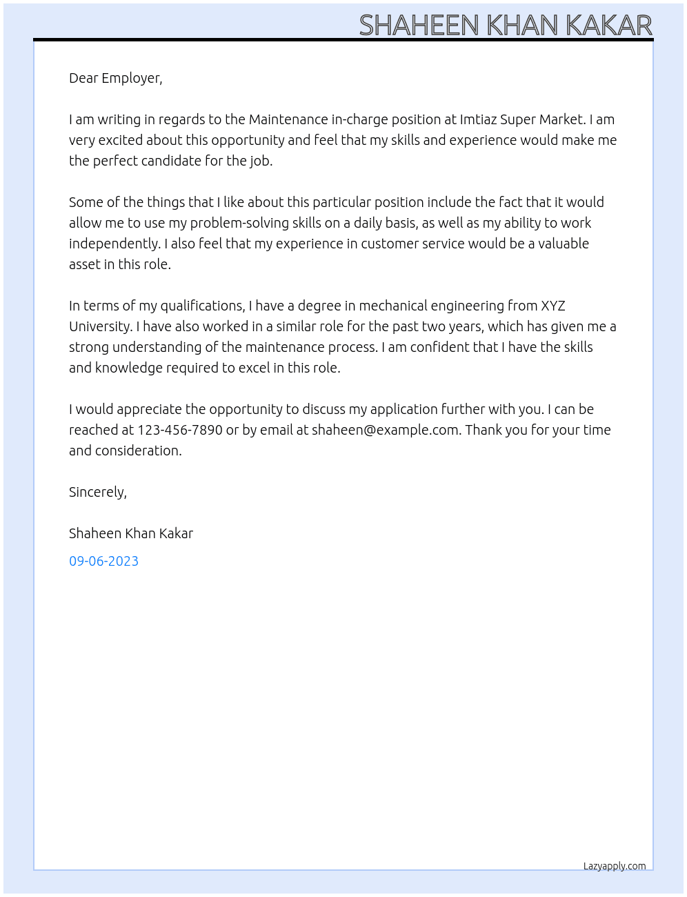Maintenance in-charge At Imtiaz Super Market Cover Letter