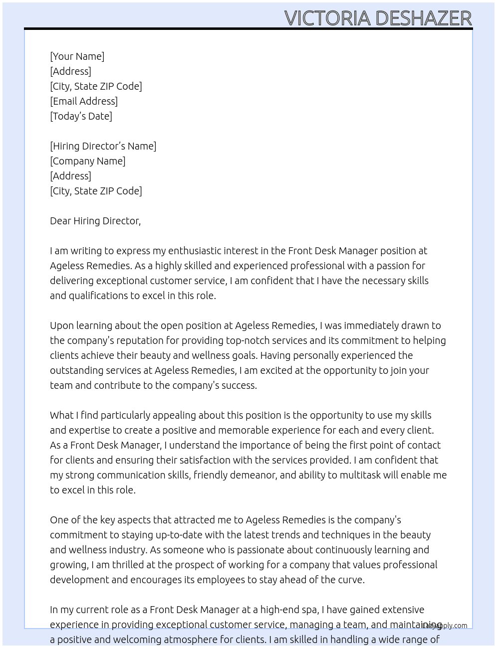 Front Desk Manager At Ageless Remedies Cover Letter