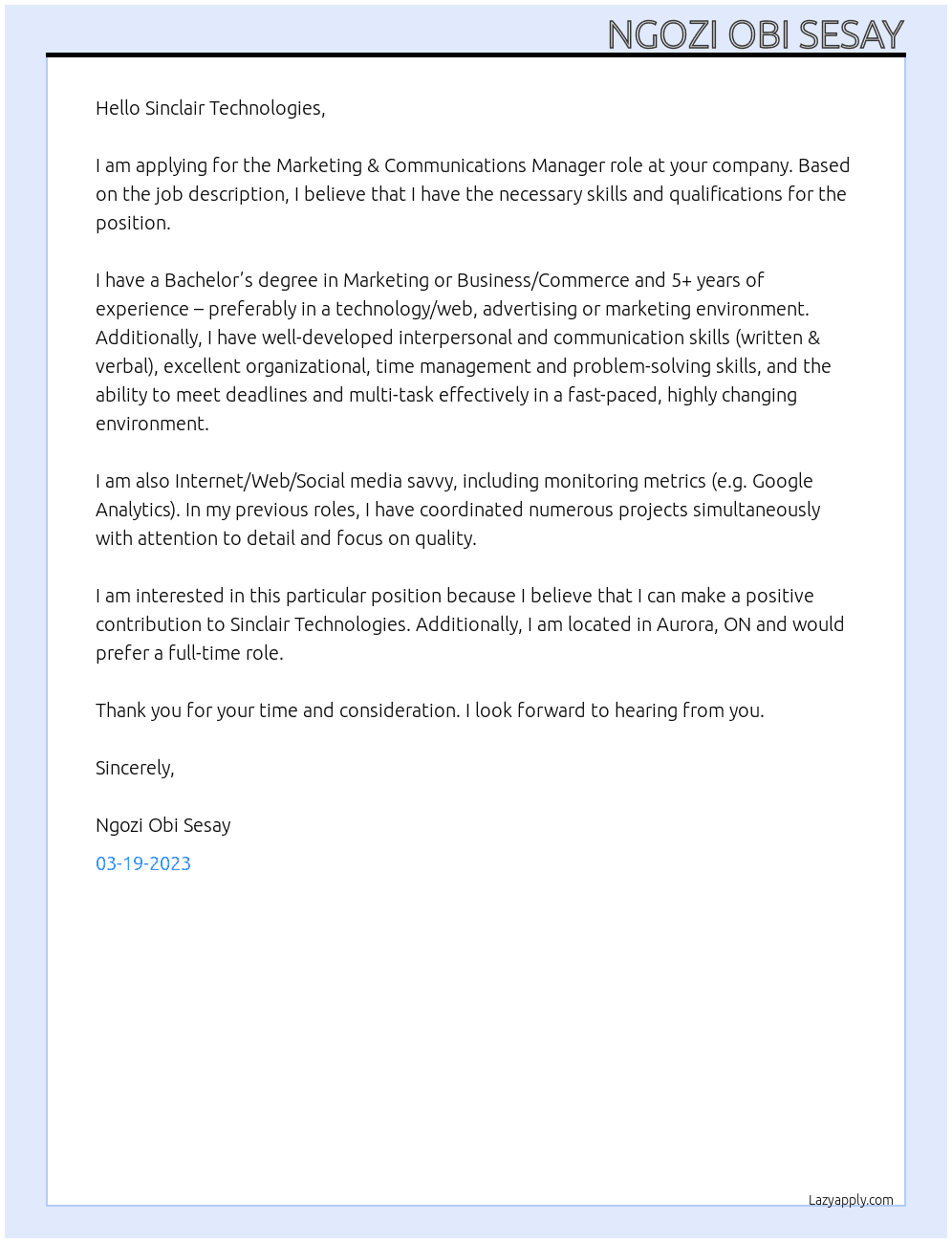 Marketing & Communications Manager At Sinclair Technologies Cover Letter