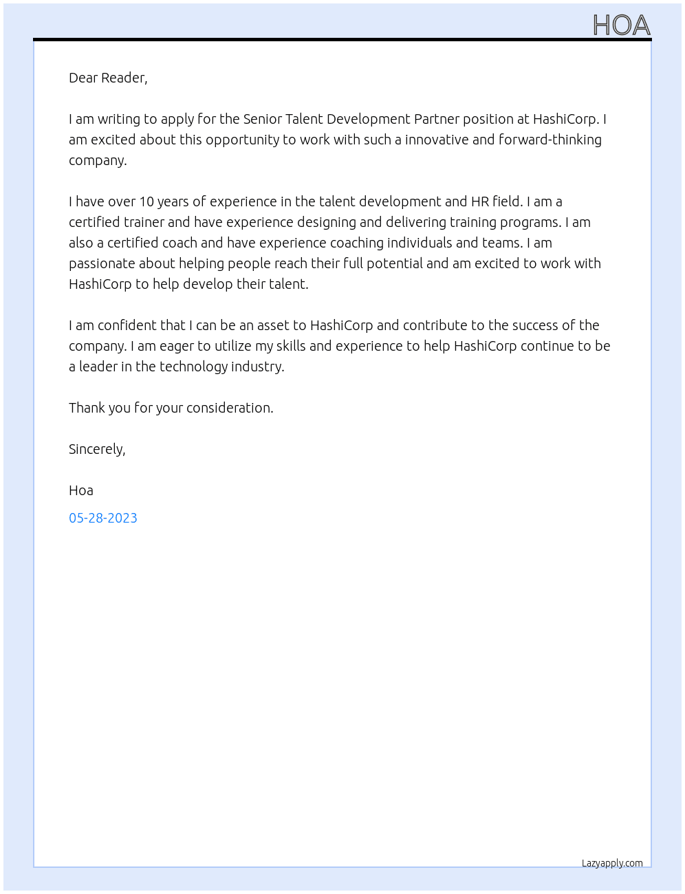 Senior Talent Development Partner, At HashiCorp Cover Letter