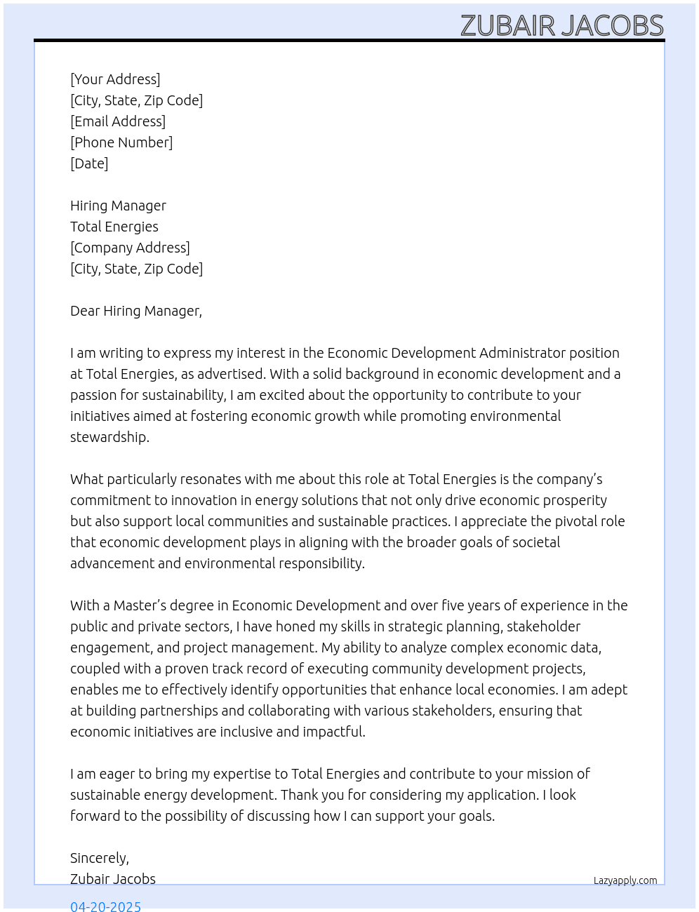 Economic development administrator  At Total energies  Cover Letter