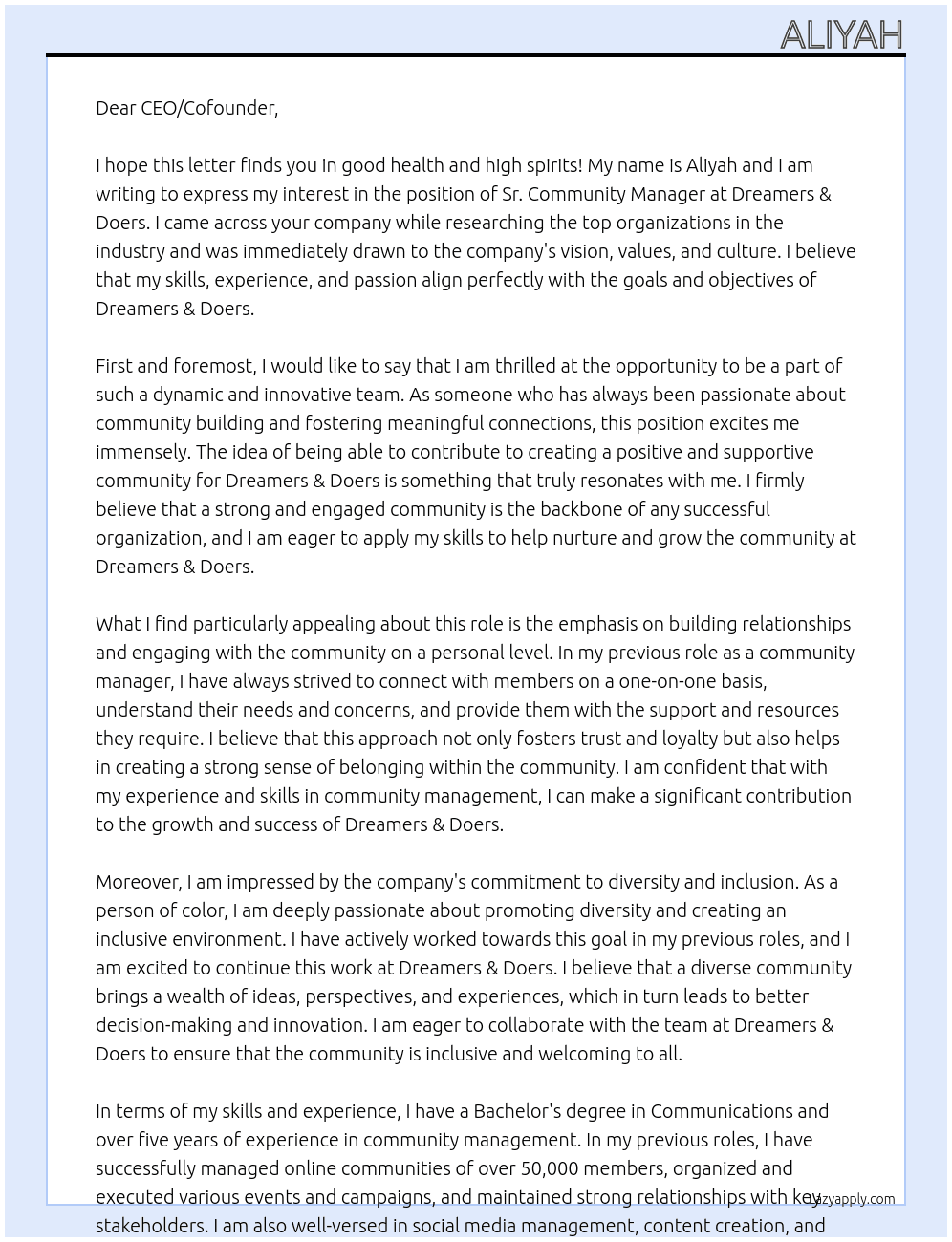 Sr. Community Manager At Dreamers & Doers Cover Letter