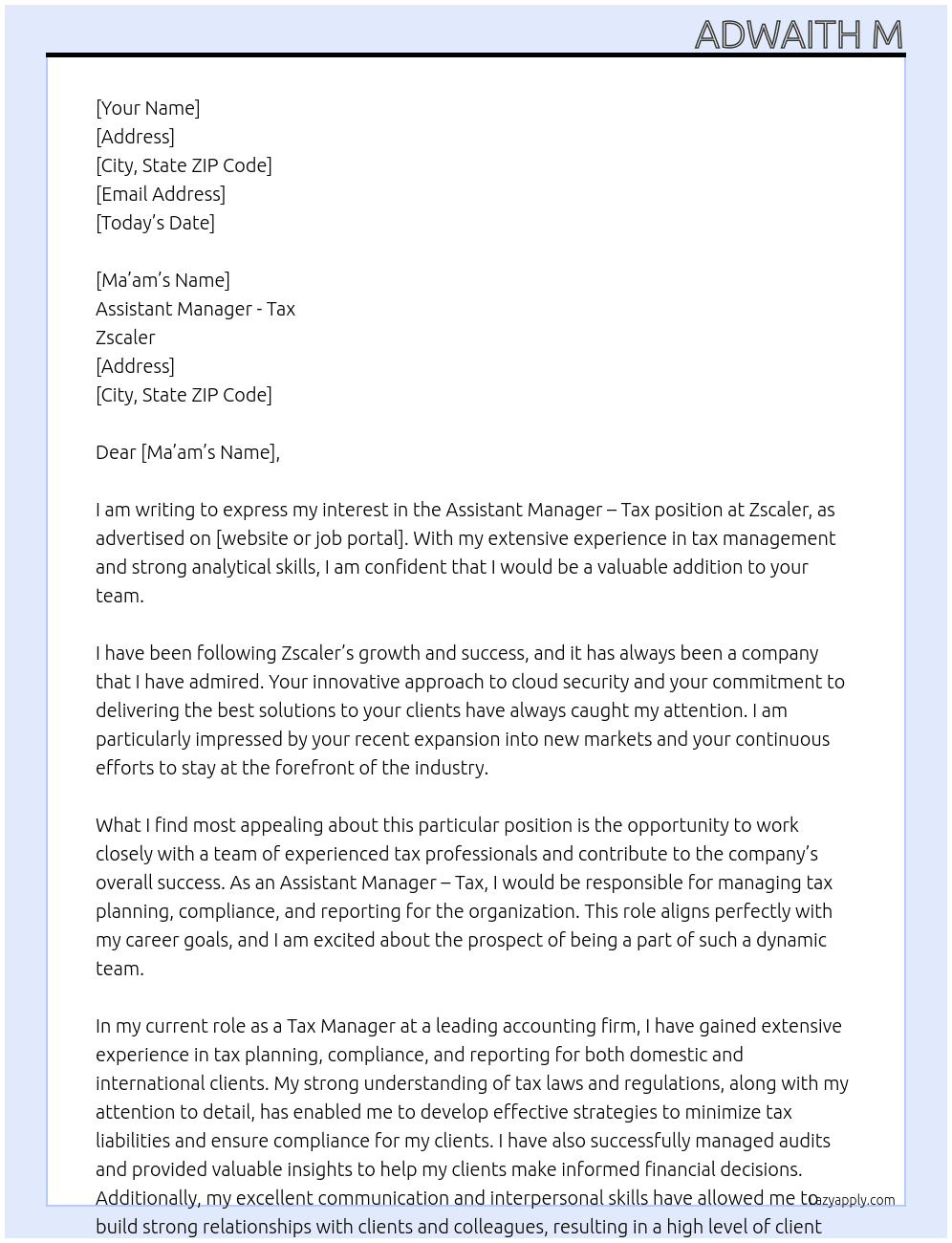Assistant Manager - Tax At Zscaler Cover Letter