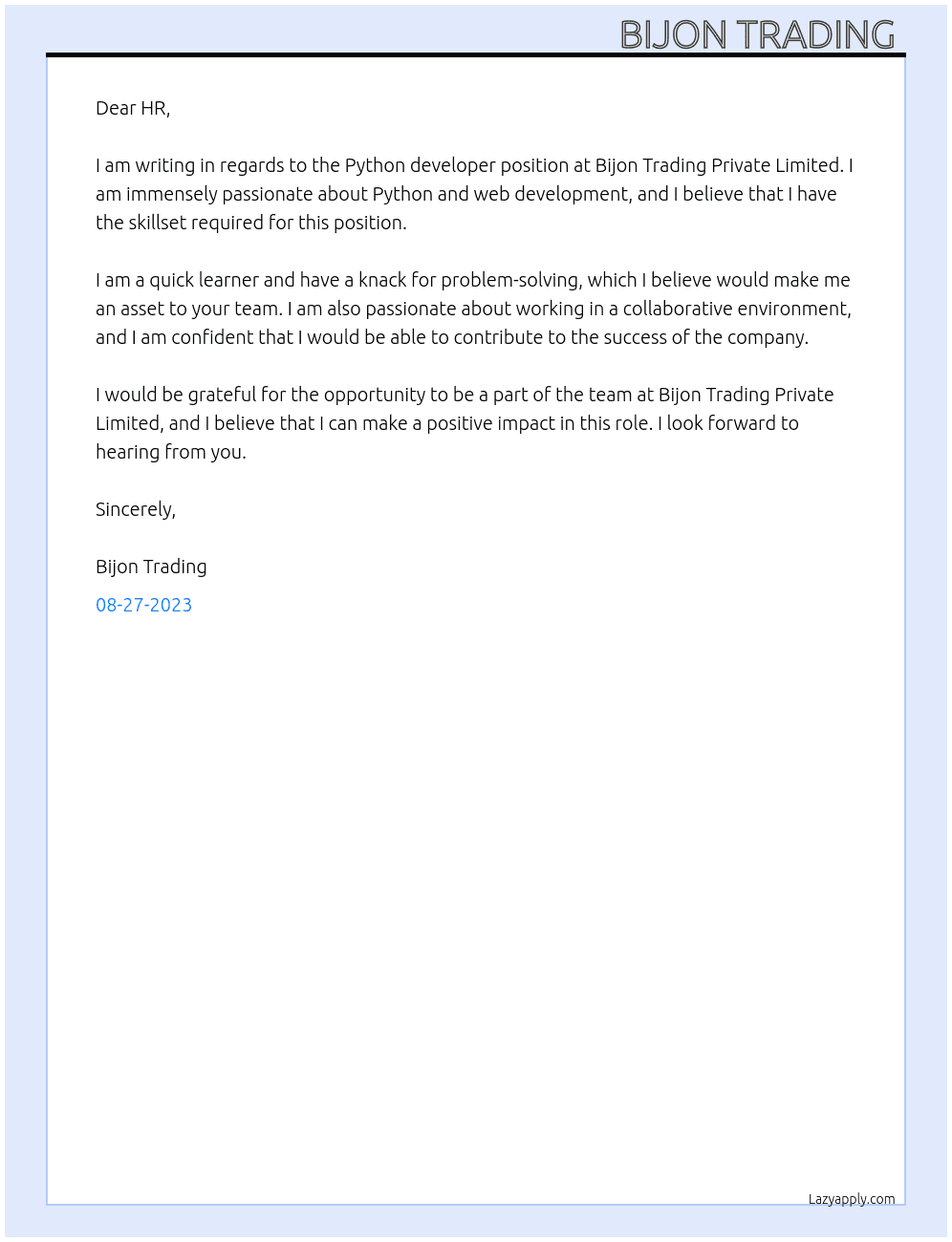 Python developer  At Bijon Trading Private Limited  Cover Letter