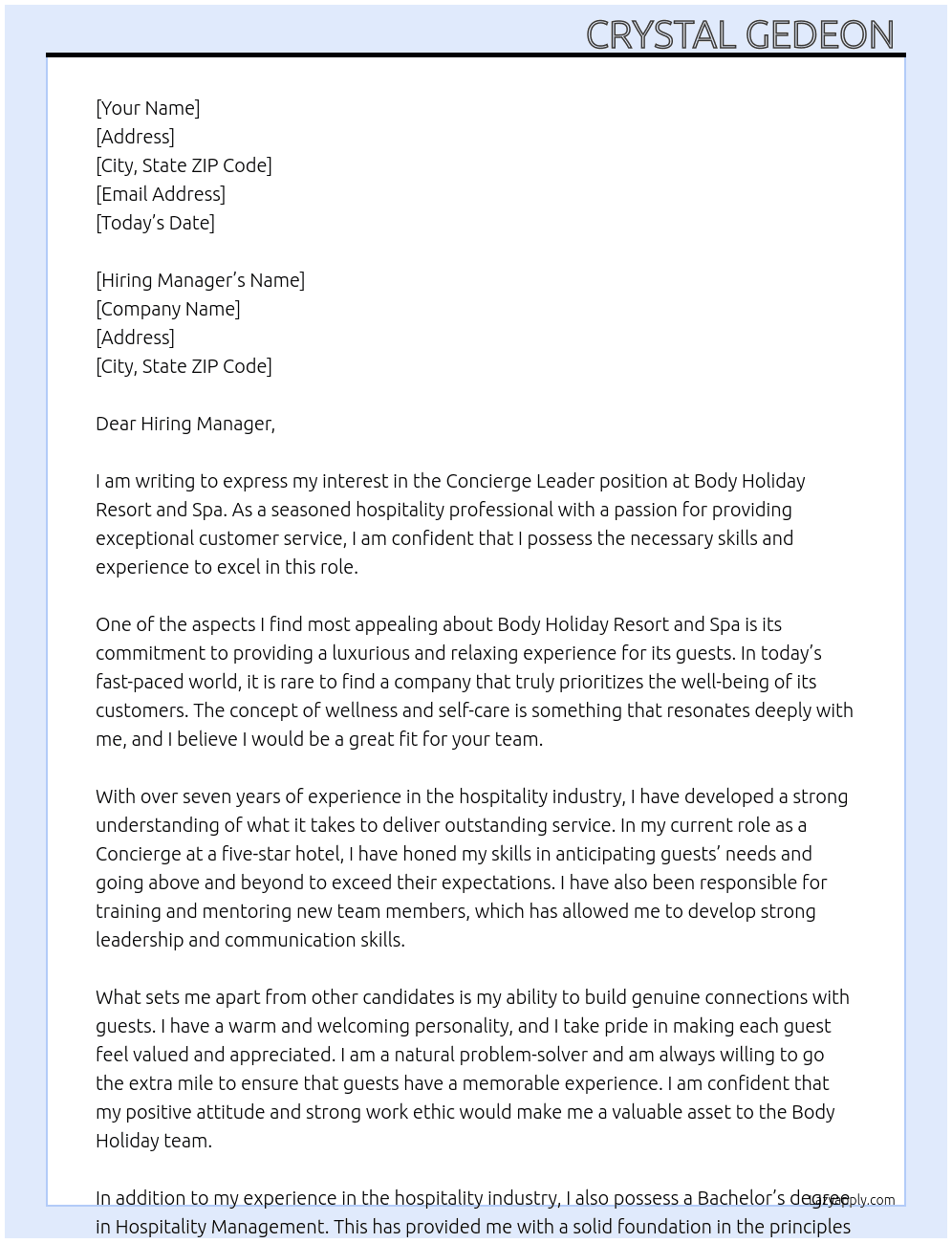 Concierge Leader At Body Holiday Resort and Spa Cover Letter