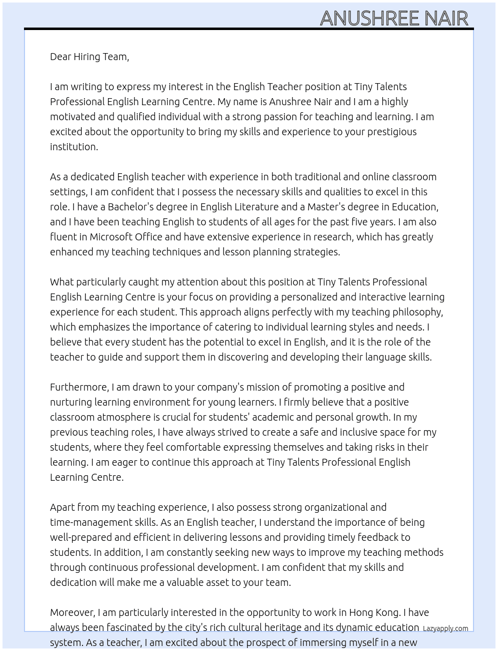 English Teacher  At Tiny Talents Professional English Learning Centre Cover Letter