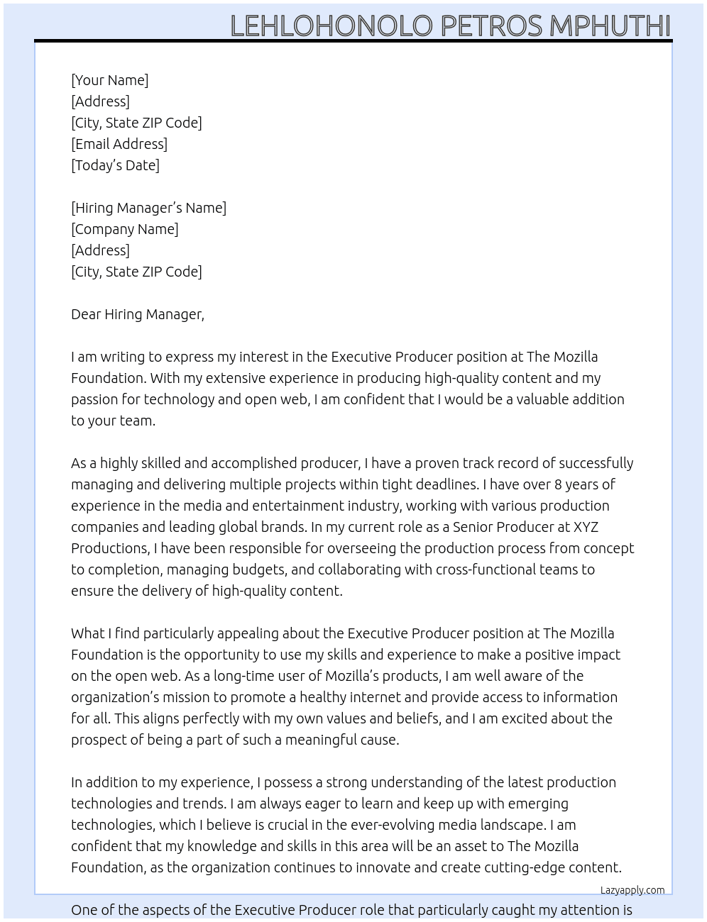 Executive Producer At The Mozilla foundation  Cover Letter