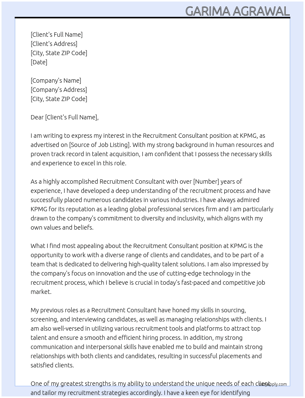 Recruitment Consultant At KPMG Cover Letter
