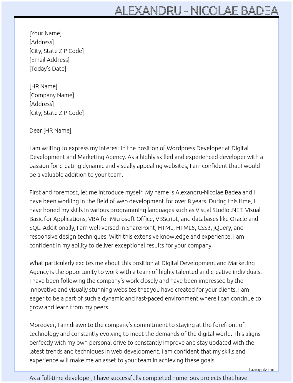 Wordpress Developer At Digital Development and Marketing Agency Cover Letter