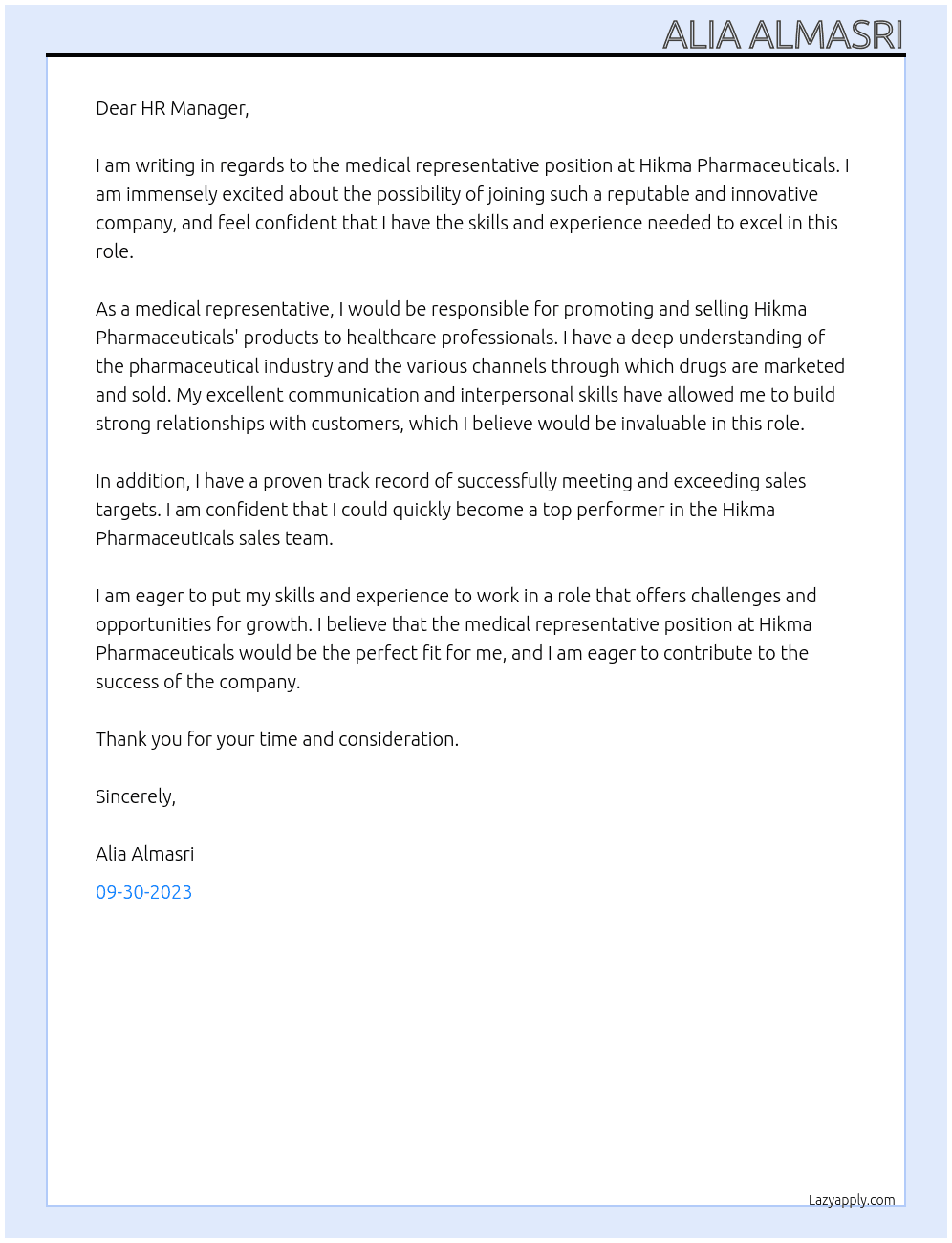 medical representative  At Hikma Pharmaceuticals Cover Letter