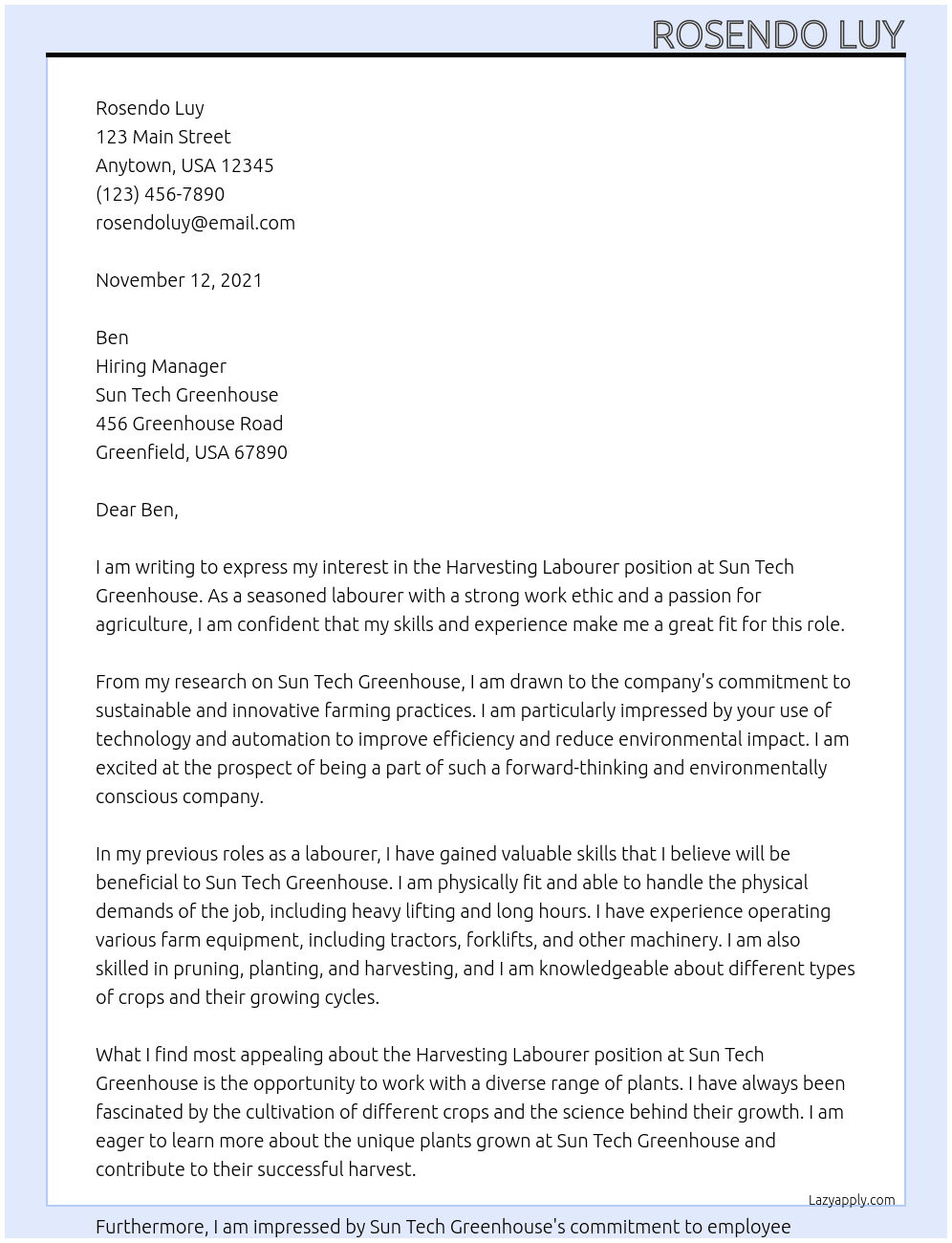 Harvesting labourer At Sun Tech Greenhouse Cover Letter