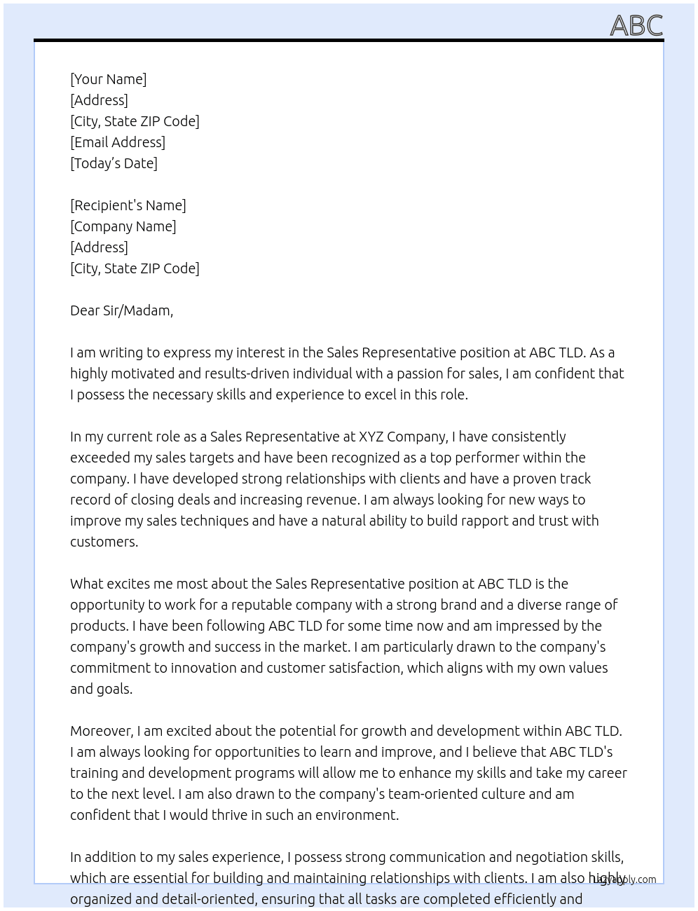 sale rep At abc tld Cover Letter