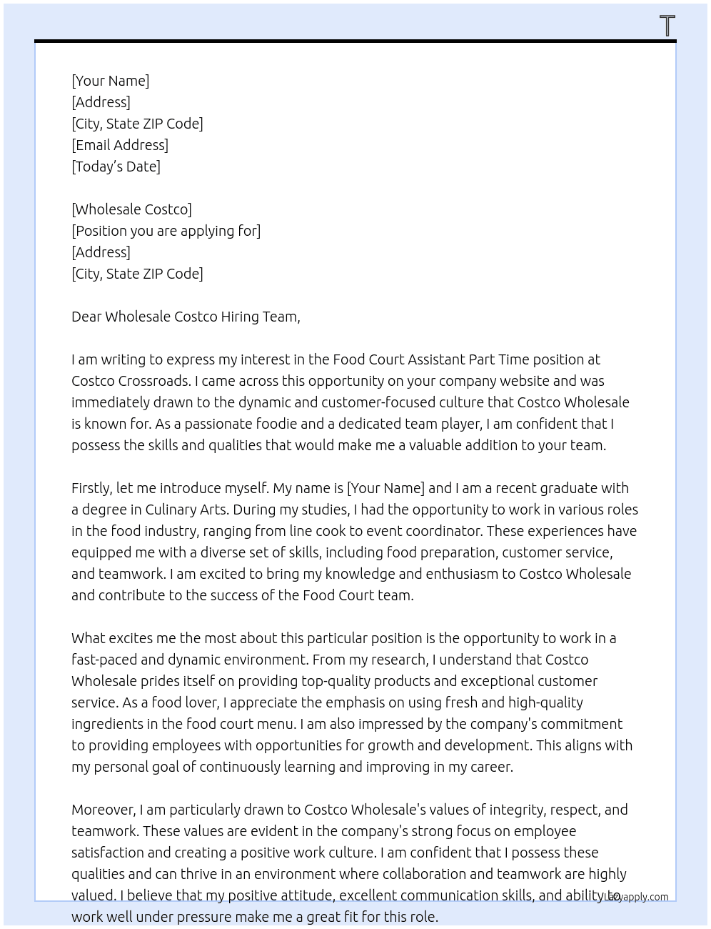 Food Court Assistants Part Time- Costco Crossroads At Costco Wholesale Cover Letter