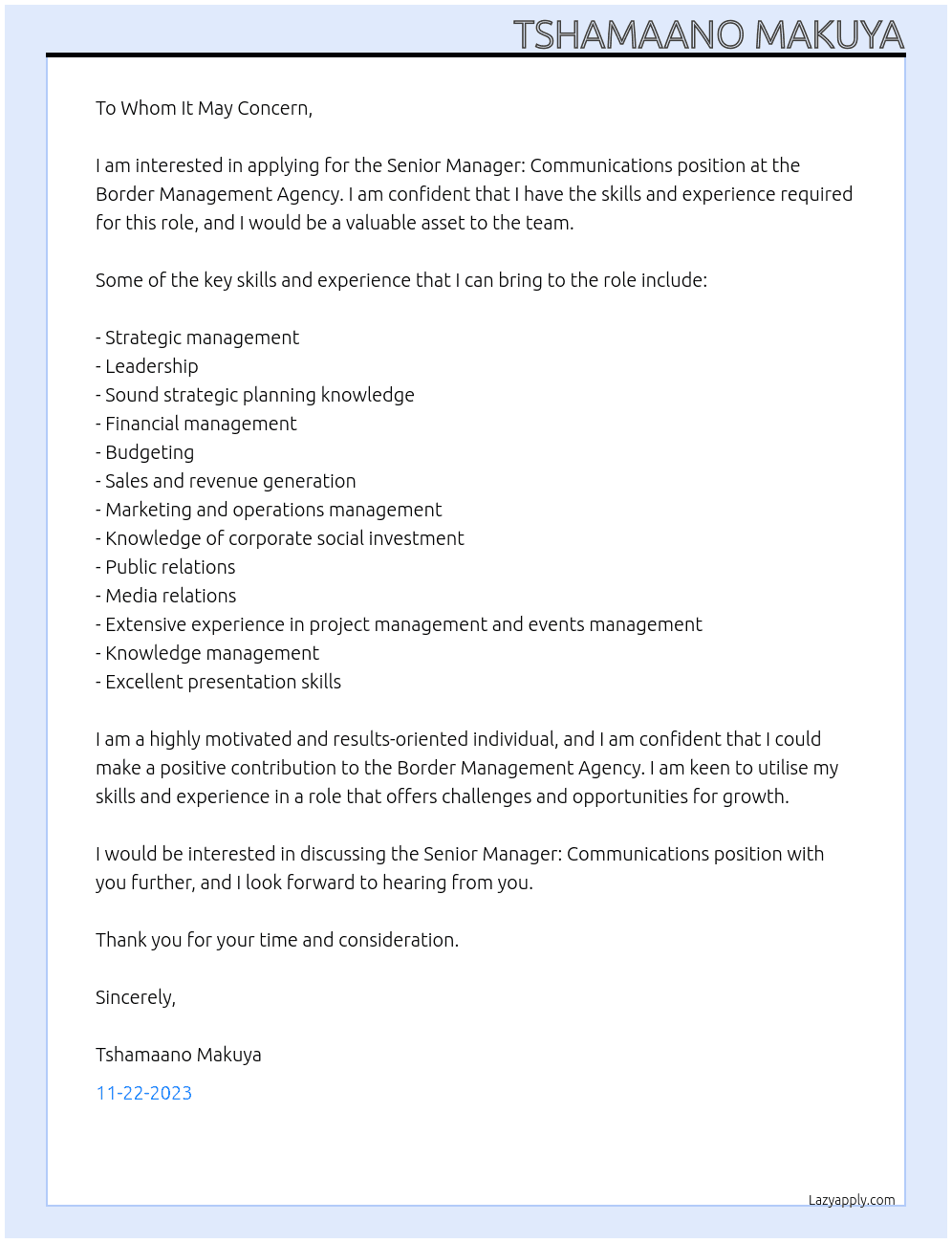 Senior Manager: Communications At Border Management Agency Cover Letter