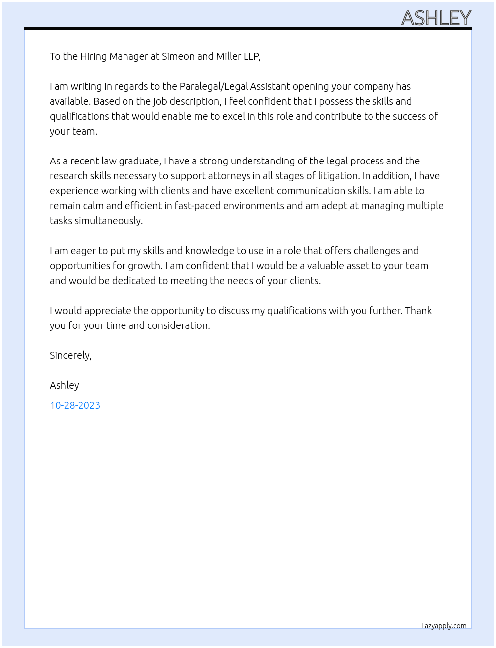 Paralegal/Legal Assistant At Simeon and Miller LLP Cover Letter
