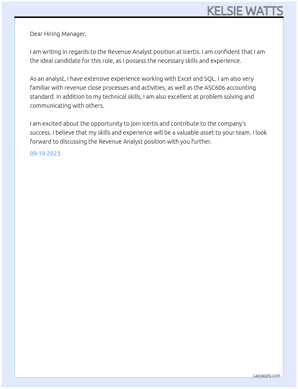 Revenue Analyst At Icertis Cover Letter