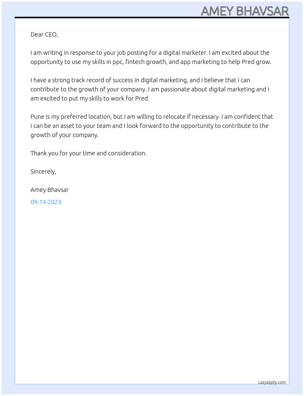 digital marketer At Pred Cover Letter