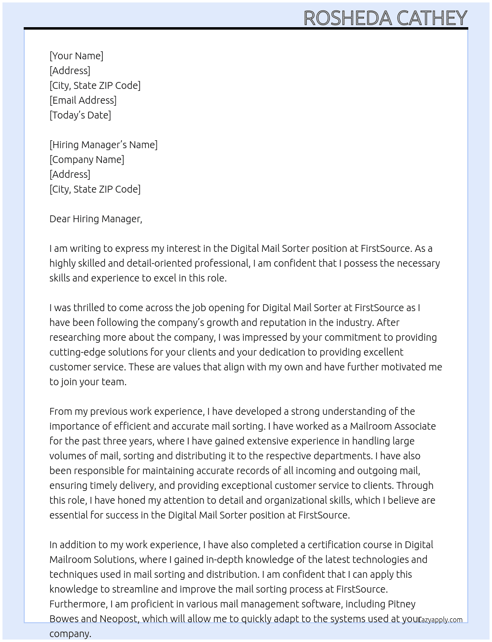 Digital Mail Sorter At FirstSource Cover Letter