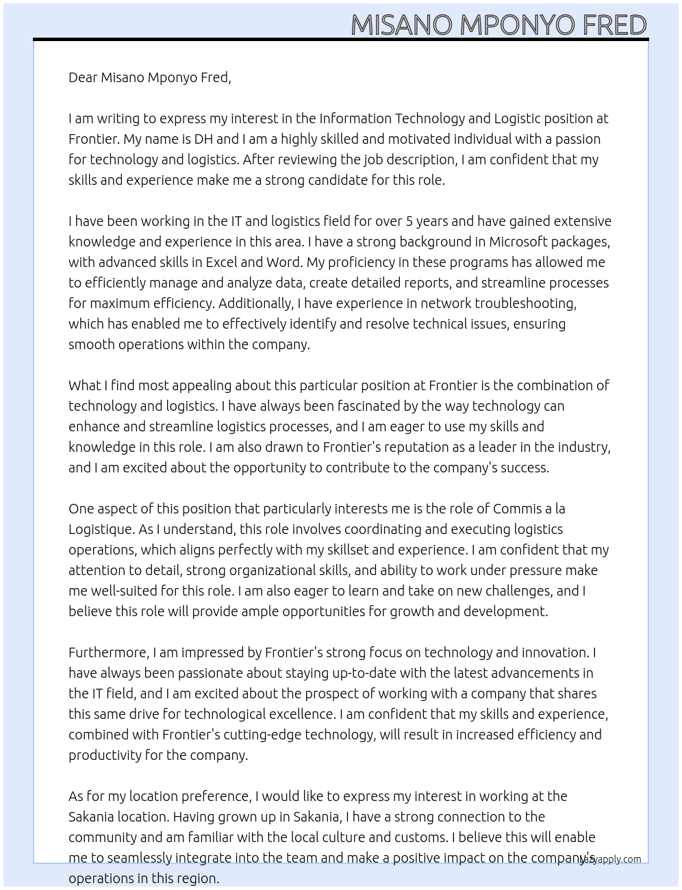 Information technology and logistic At Frontier Cover Letter