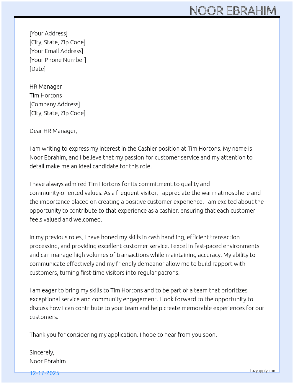 cashier  At tim hortons  Cover Letter