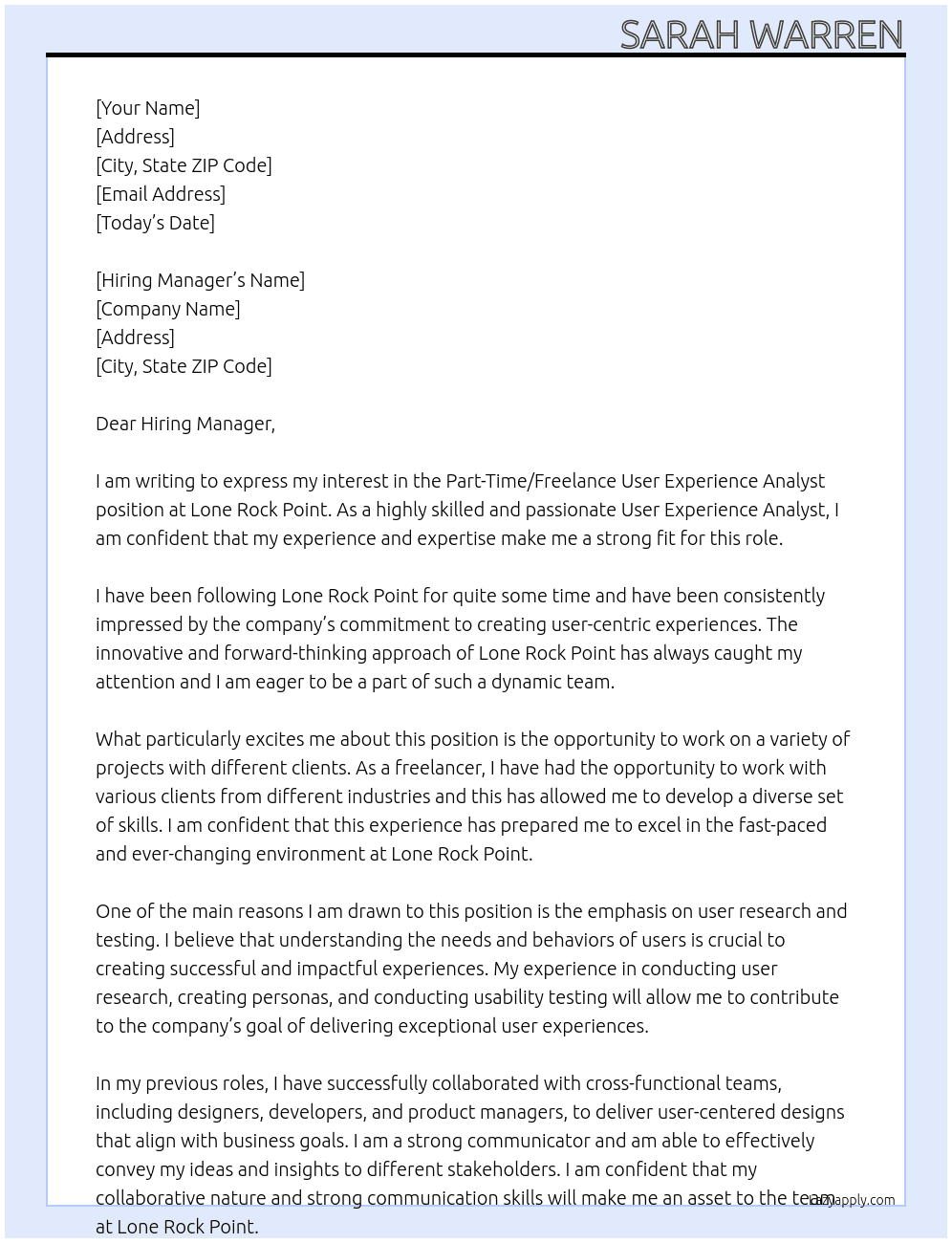 Part-Time/Freelance User Experience Analyst At Lone Rock Point Cover Letter
