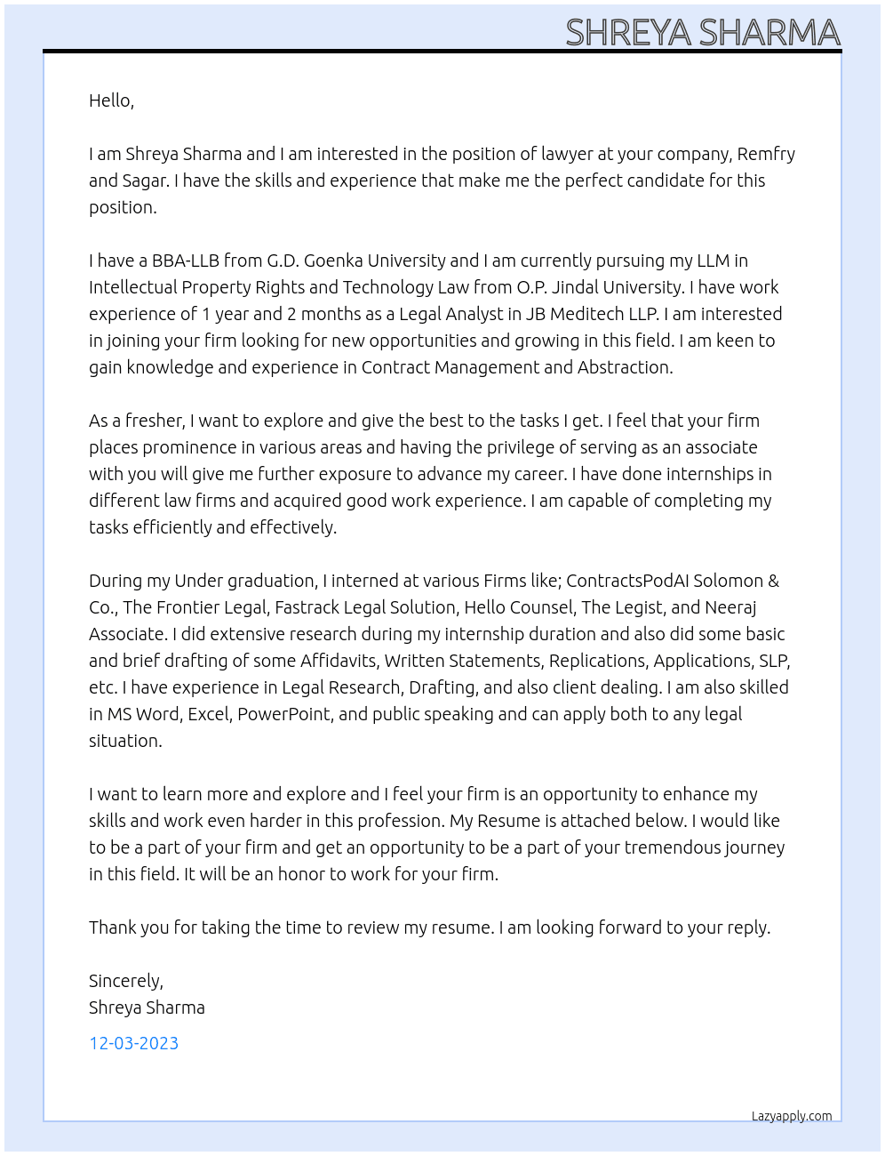 Lawyer At Remfry and Sagar Cover Letter