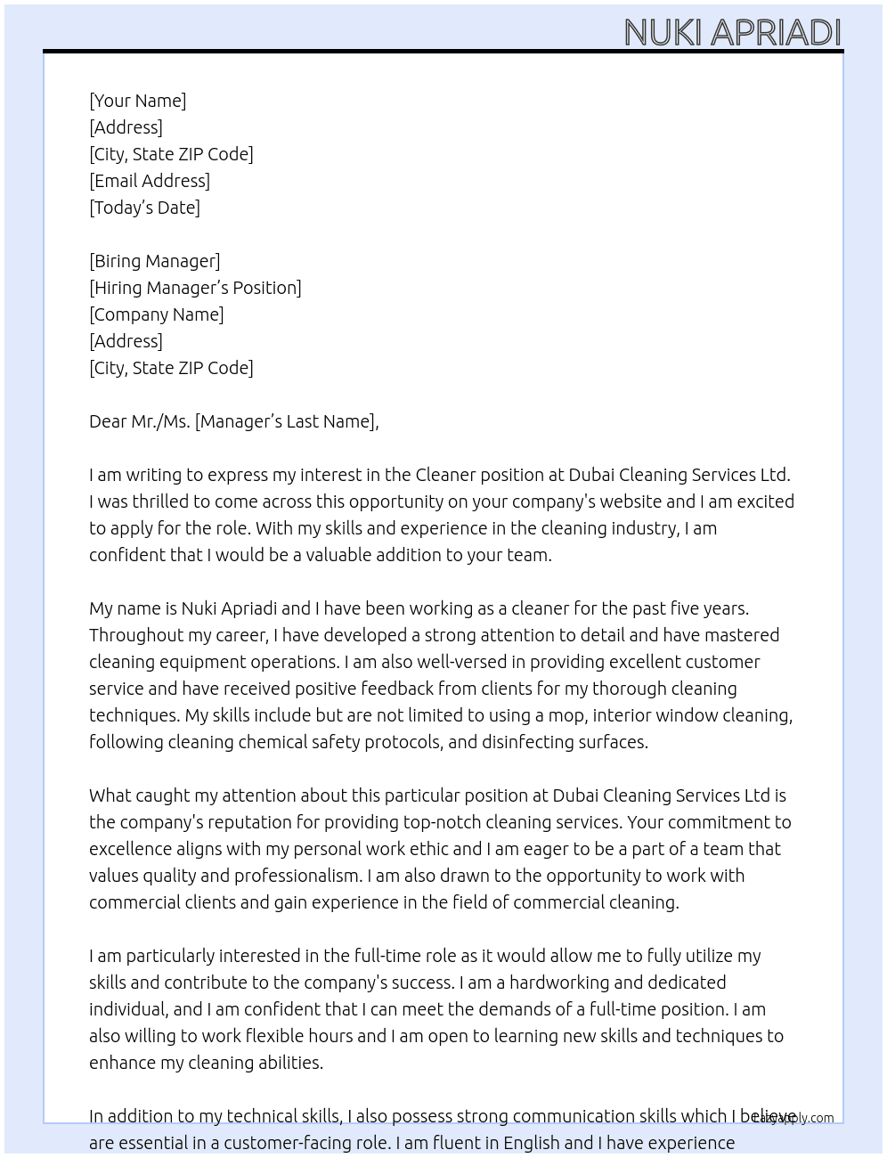 Cleaner At Dubai Cleaning Services Ltd Cover Letter