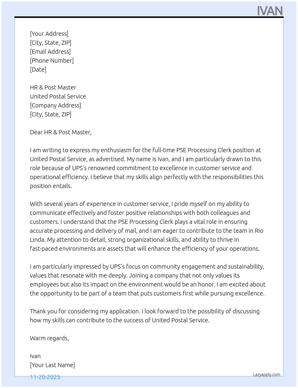 PSE processing clerk At United Postal Service Cover Letter