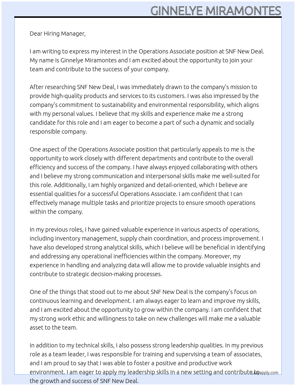 Operations Associate  At SNF New Deal Cover Letter