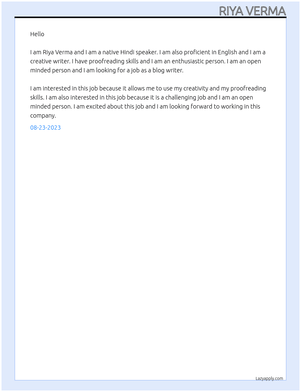 Blog writer At -- Cover Letter