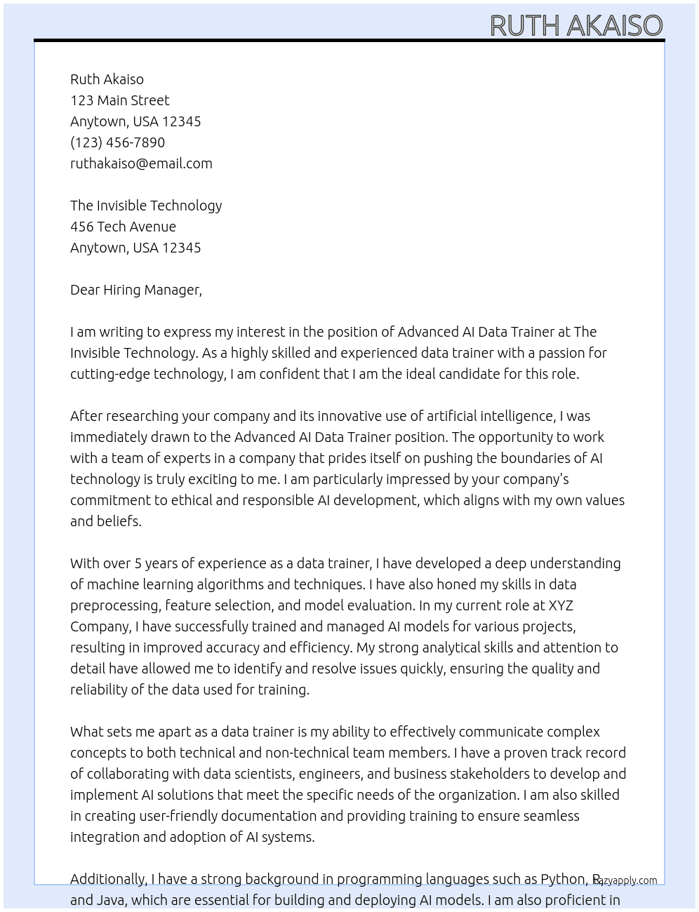 Advanced AI Data Trainer At The Invisible Technology Cover Letter