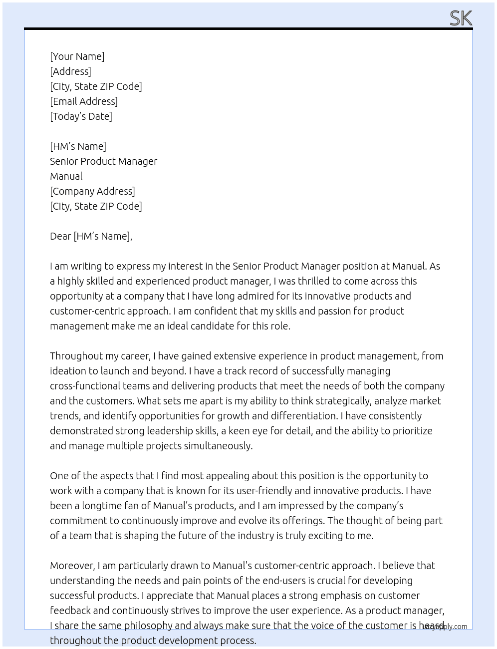 Senior Product Manager At Manual Cover Letter