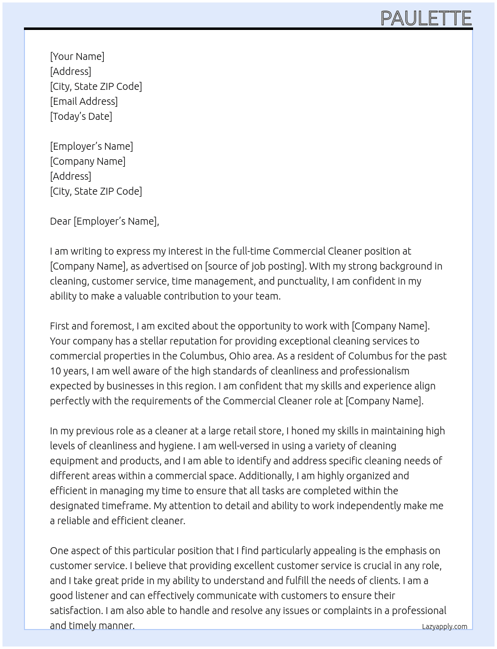 Commercial cleaner At Commercial cleaning Cover Letter