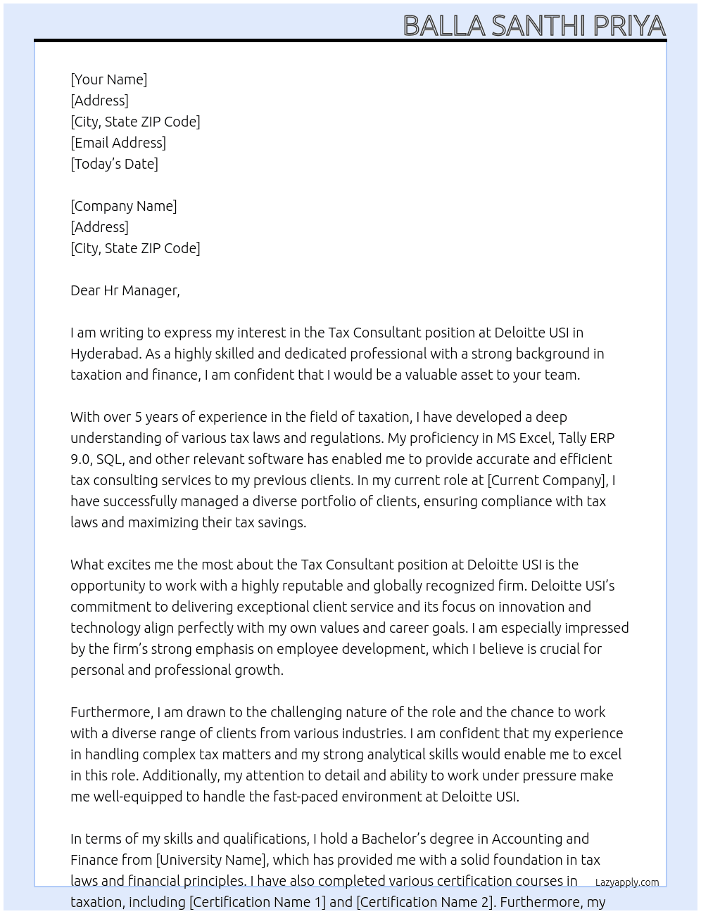 TAX CONSULTANT At DELOITTE USI Cover Letter