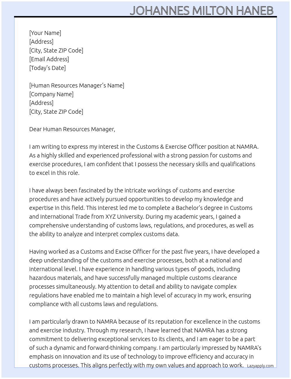 Customs & exercise officer  At NAMRA Cover Letter