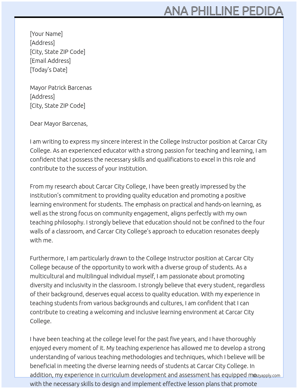 College Instructor At Carcar City College Cover Letter