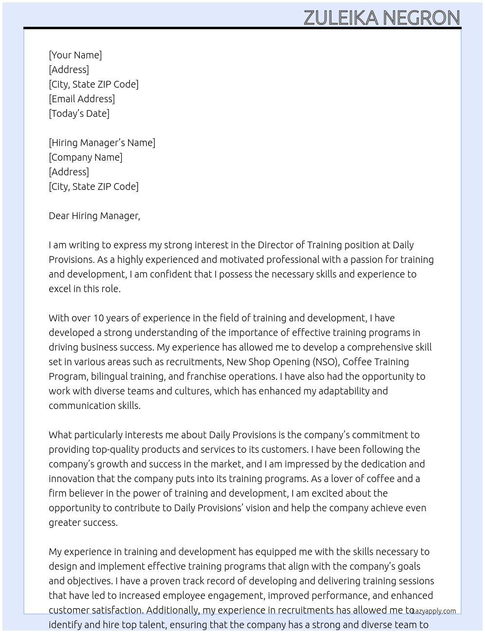 Director of Training At Daily Provisions Cover Letter
