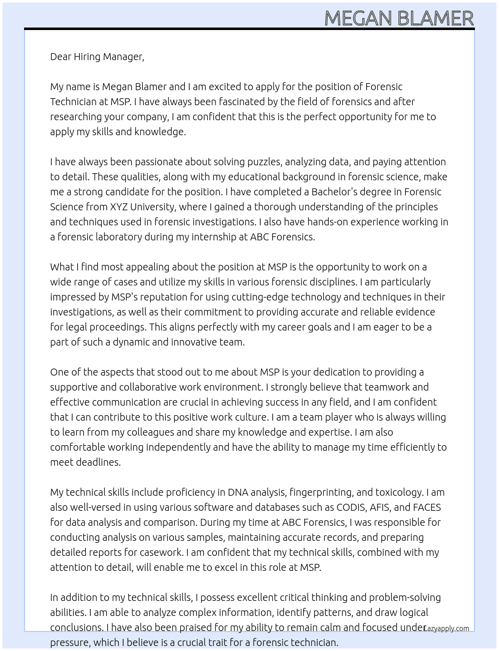 Forensic Technician At MSP Cover Letter