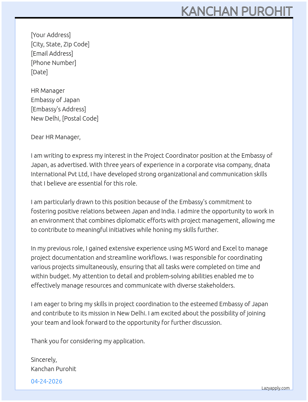 project coordinator At embassy of japan Cover Letter