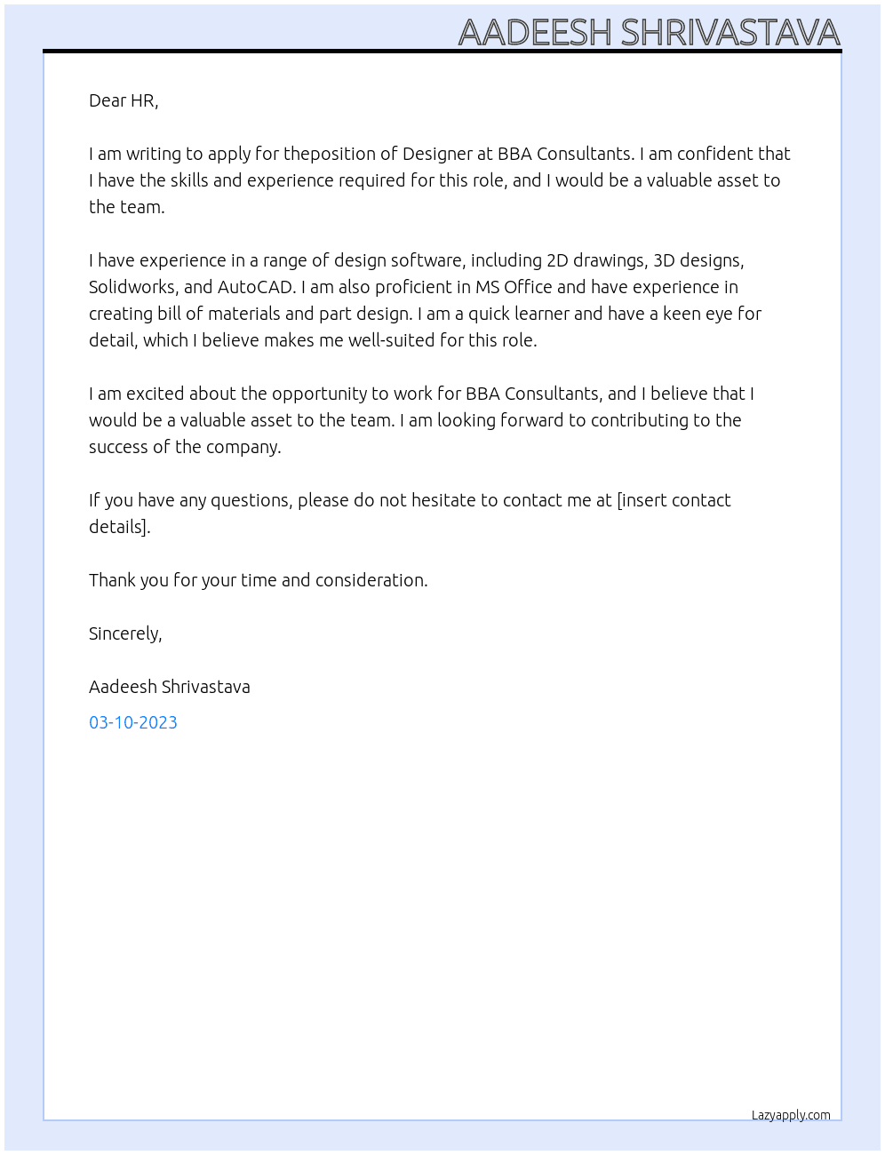 Designer At BBA Consultants Cover Letter