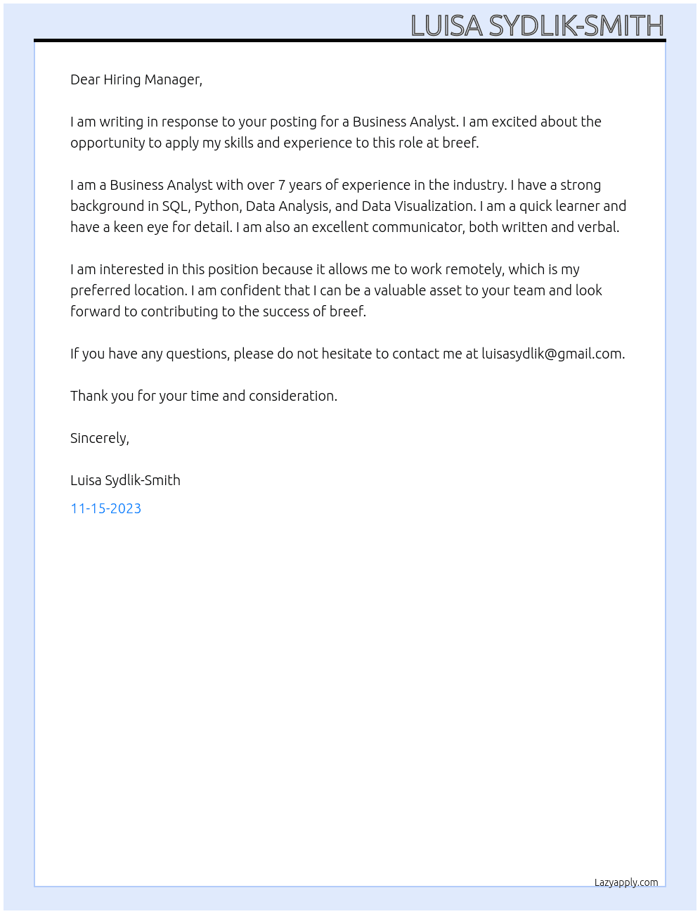 Business Analyst At breef Cover Letter