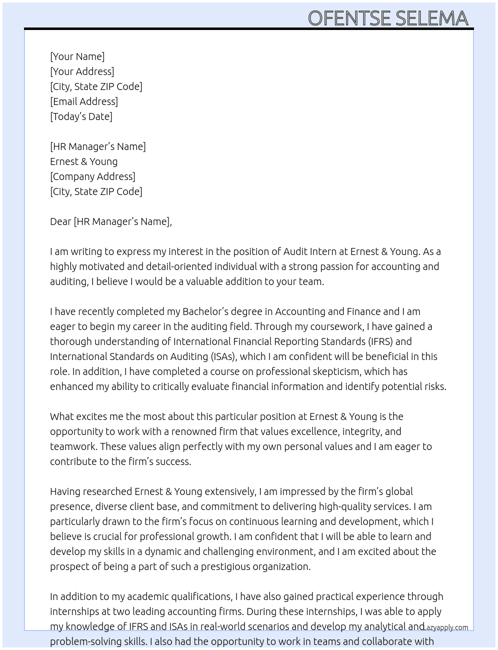 AUDIT INTERN At Ernest & Young Cover Letter