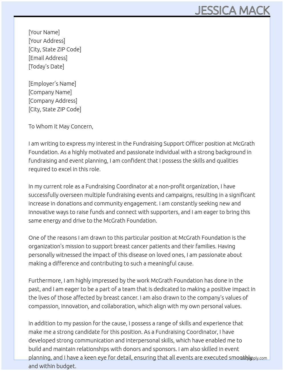 Fundraising Support Officer At McGrath Foundation Cover Letter