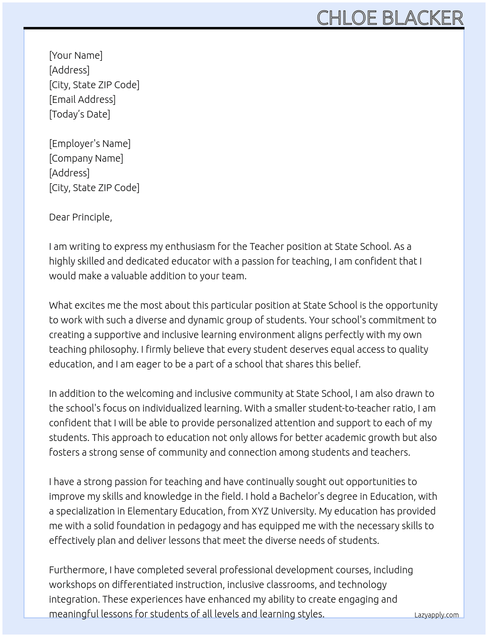Teacher At State School Cover Letter