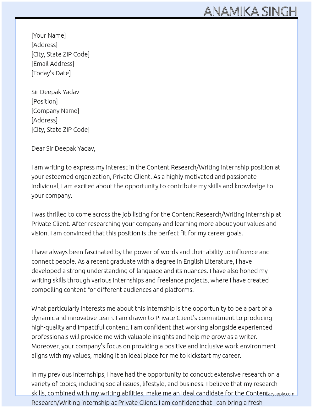 Content Research/Writing internship At private client Cover Letter
